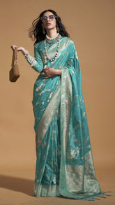 Turquoise and Gold Floral Handloom Weaving Pure Georgette Silk Saree